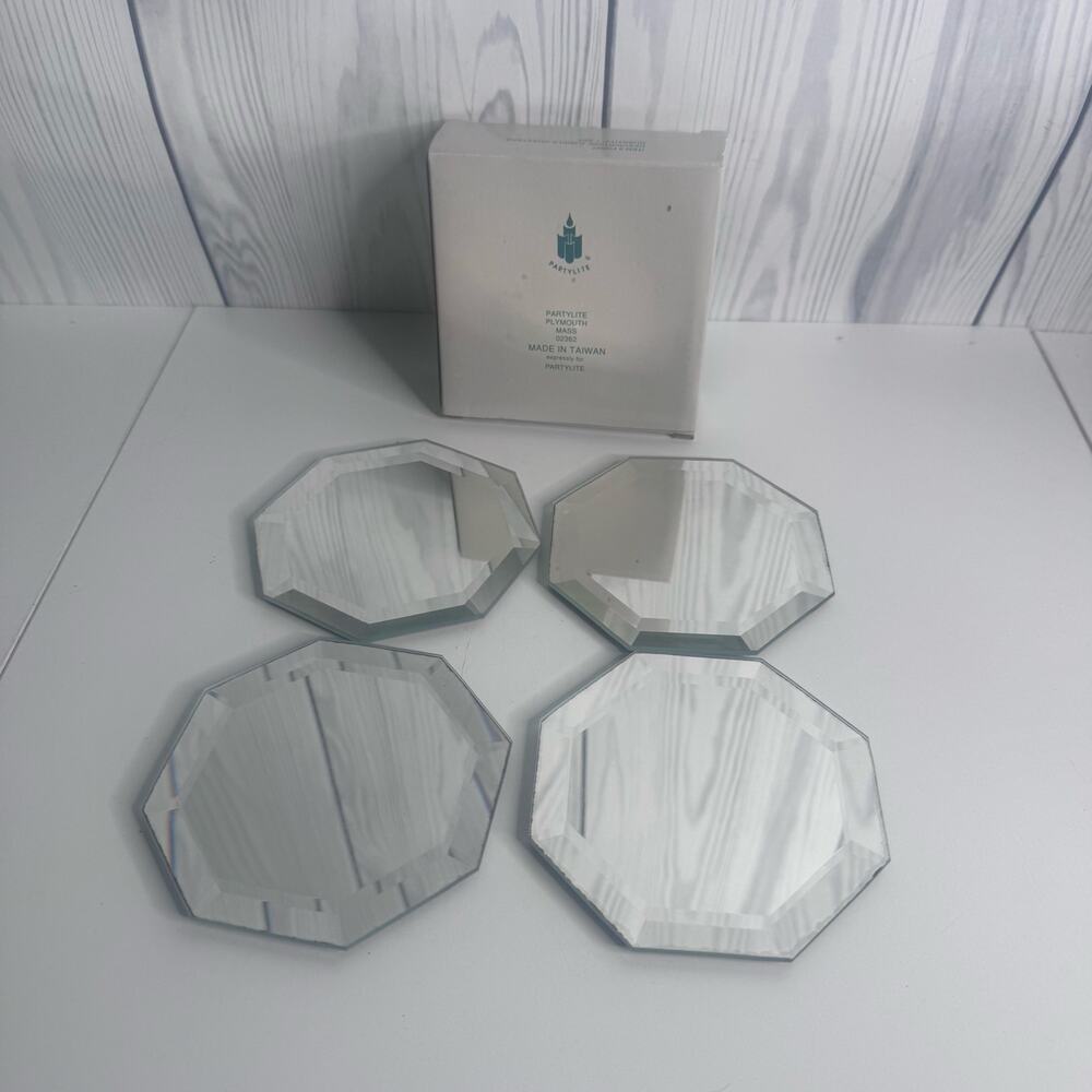 Party Lite Clear Octagon Mirror Glass Candle Coasters 4 pc set